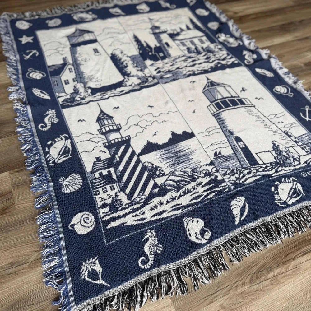 Crown Crafts Woven Tapestry Throw Blanket Lighthouse Nautical Navy Blue 60x46